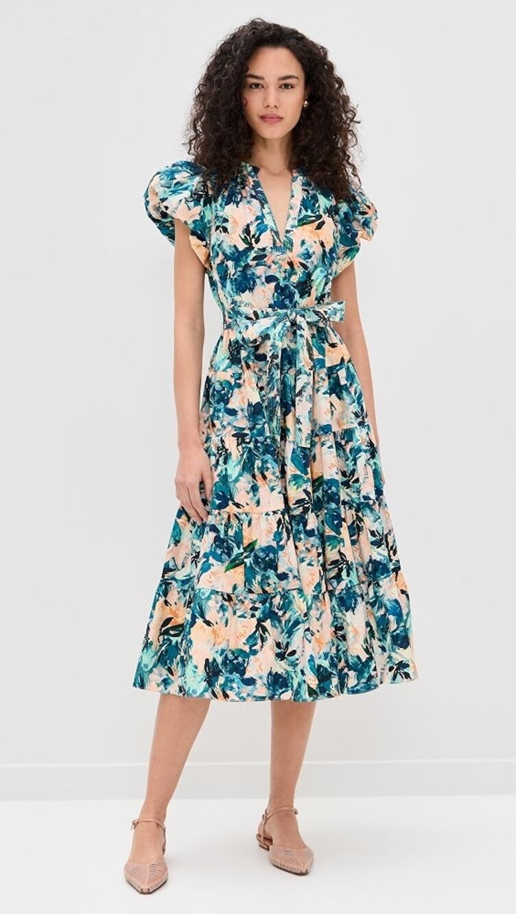 Ulla Johnson Teal Peach Delphinium Floral Print Ottilie Midi Dress Womens 4